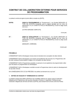 Contrat de collaboration externe pour services de programmation