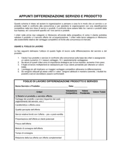 Worksheet Differenziazione prodotti e servizi