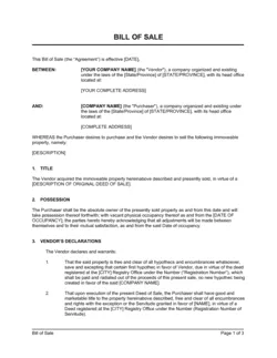 Bill of Sale Immovable Property