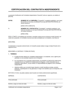 Certificación del contratista independiente