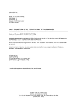 Notification de violation de termes de contrat de bail