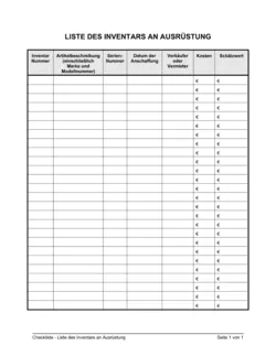 Checkliste - Liste des Inventars an Ausrüstung