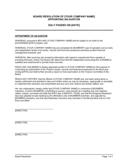 Board Resolution Appointing an Auditor