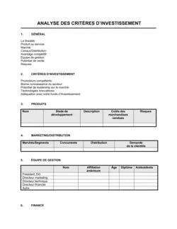 Analyse des critères d'investissement