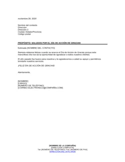 Carta de salutación por el día de acción de gracia a los clientes