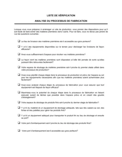 Liste de vérification Analyse du processus de fabrication