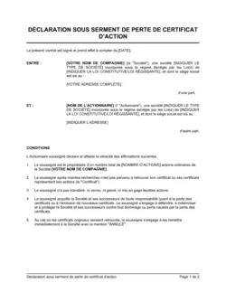 Déclaration sous serment de perte de certificat d'action