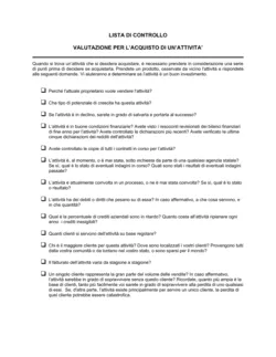 Lista di controllo valutazione per l'acquisto di un'attività