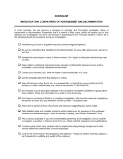 Checklist Investigating Complaints of Harassment