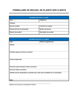 Formulaire de recueil de plainte d'un client