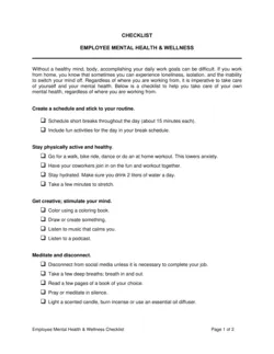 Employee Mental Health And Wellness Checklist