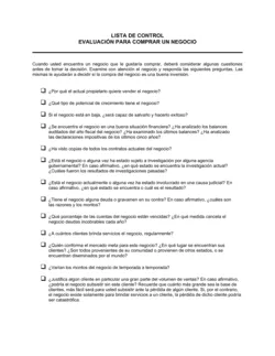 Lista de ítems a tener en cuenta evaluación para comprar un negocio