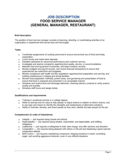 Food Service Manager (General Manager, Restaurant) Job Description