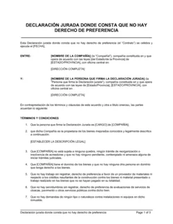 Declaración jurada donde consta que no hay derecho de preferencia