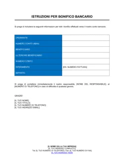 Modulo di istruzioni per bonifico bancario