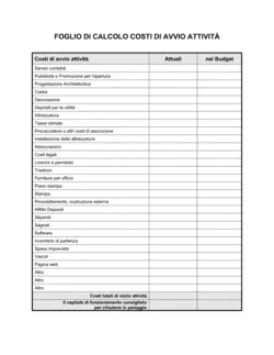 Foglio di calcolo costi d'avvio attività