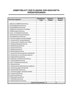 Arbeitsblatt zur Planung von Geschäfts -Versicherungen