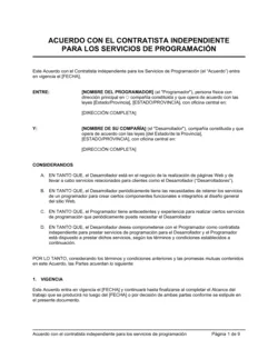 Acuerdo con contratista independiente por servicios de programación