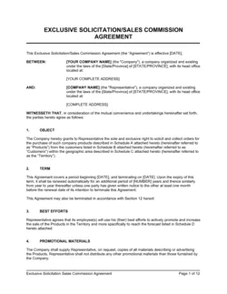 Exclusive Sollicitation Sales Commission Agreement