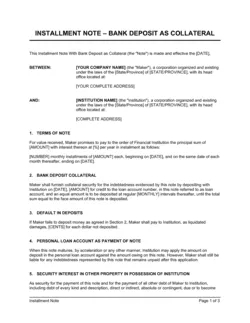 Installment Note Bank Deposit as Collateral