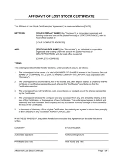 Affidavit of Lost, Stolen or Destroyed  Stock Certificate