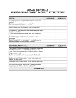 Lista di controllo analisi leasing contro acquisto attrezzature