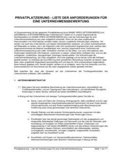 Privatplatzierung Liste der Anforderungen für eine Unternehmensbewertung