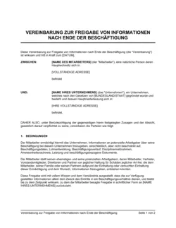 Vereinbarung zur Freigabe von Informationen nach Ende der Beschäftigung