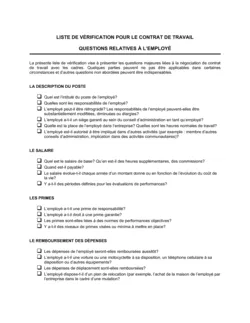 Liste de vérification Contrat de Travail_Questions relatives à l'employé