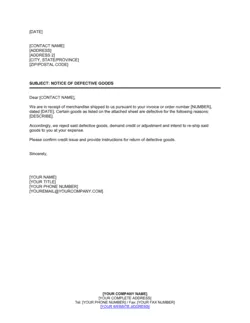 Notice of Defective Goods