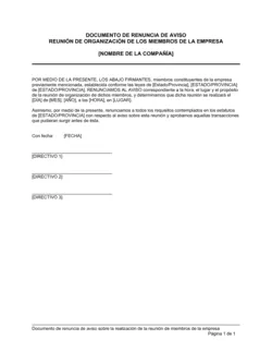 Notificación de renuncia a la asamblea de los miembros constituyentes