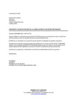 Acuse de recibo de cancelación de pedido de mercadería retrasada