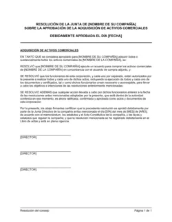 Resolución del directorio para la aprobación de la compra de activos comerciales