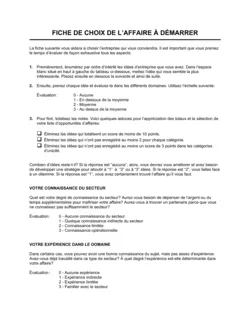 Fiche de sélection des opportunités à démarrer