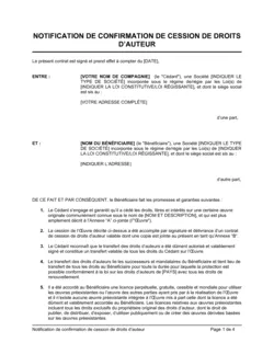 Notification de confirmation de cession de droits d'auteur