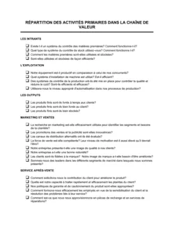 Fiche d'évaluation des principales activités de la chaîne de valeur