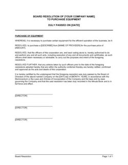 Board Resolution to Purchase Equipment