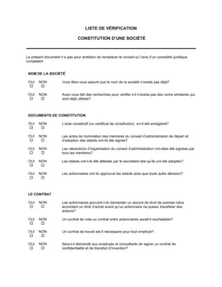 Liste de vérification de constitution de société