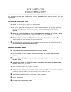 Liste de vérification Recherche de financement