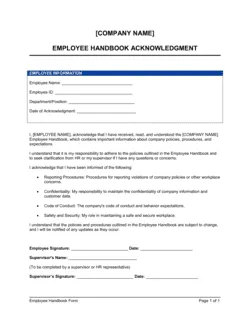 Employee Handbook Acknowledgment Form