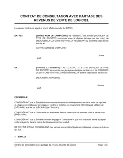 Contrat de consultation avec partage des revenus de vente