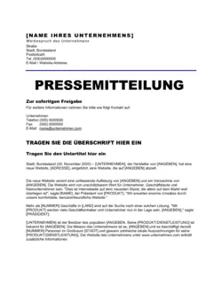 Pressemitteilung über eine neue Website