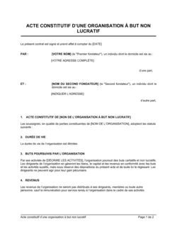 Acte constitutif d'une organisation à but non lucratif