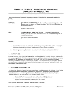 Financial Support Agreement Regarding Guaranty of Obligation