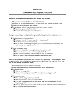 Checklist Temporary Help Agency Screening