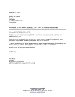 Carta formal de disculpas y aviso de envío de producto en reemplazo