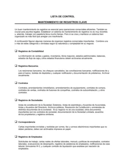 Lista de ítems a tener en cuenta mantenimiento de registros clave