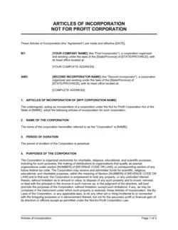 Articles of Incorporation Not for Profit Organization