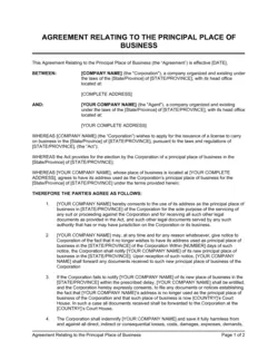 Agreement Relating to the Principal Place of Business