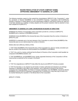 Board Resolution Approving Amendment to General By-Laws